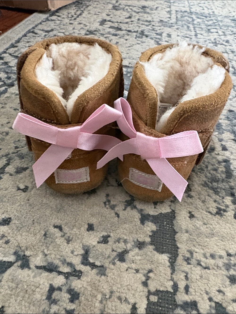 UGG Chestnut Baby Boots with Pink Ribbon Bows
